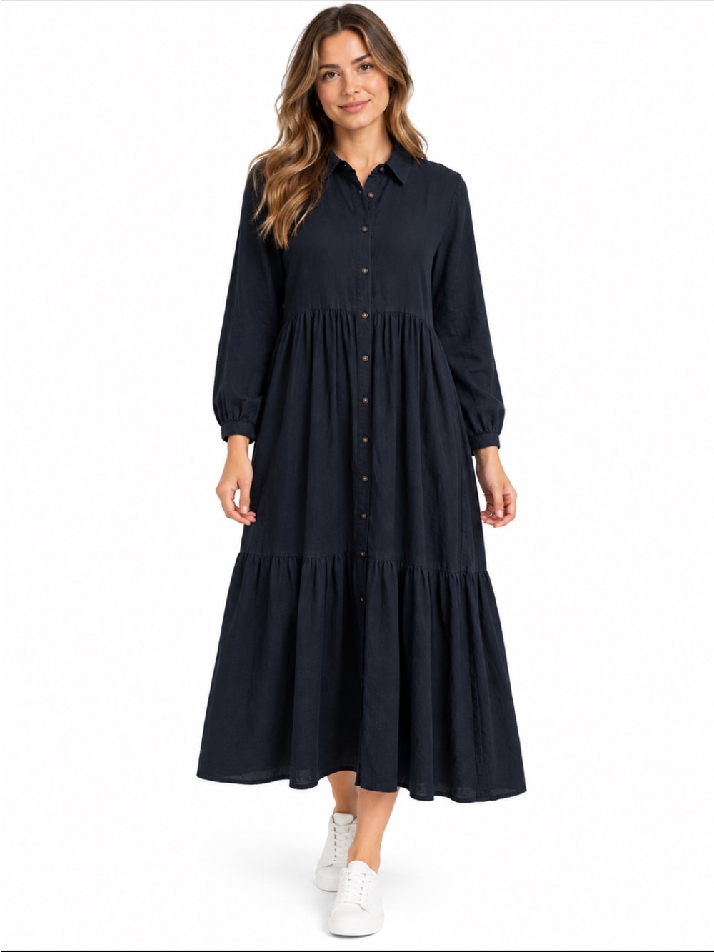 Joie Tiered Button Front Maxi Shirt Dress Woman XL Black Linen Lyocell Capsule